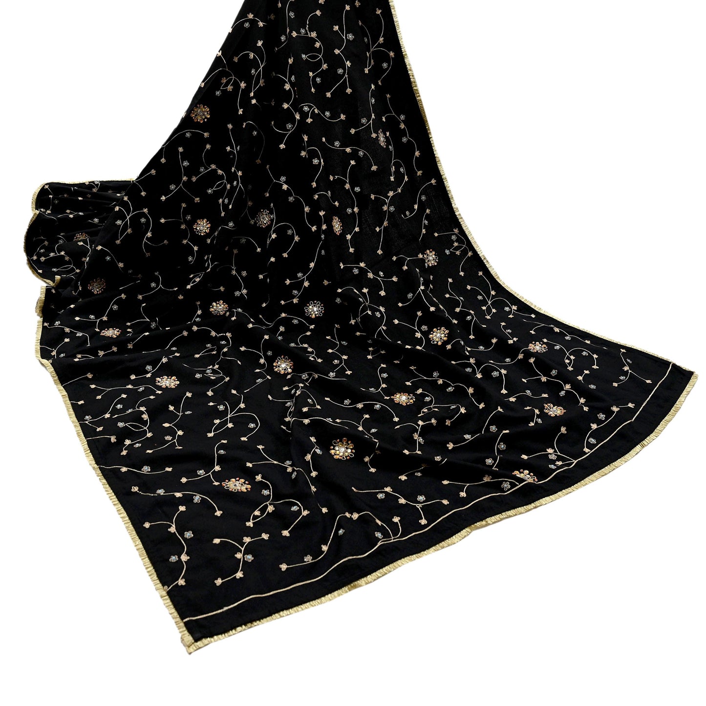 Indian Vintage Black Blend Cotton Dupatta Hand Embroidered Floral Scarf with Thread work beaded golden lace