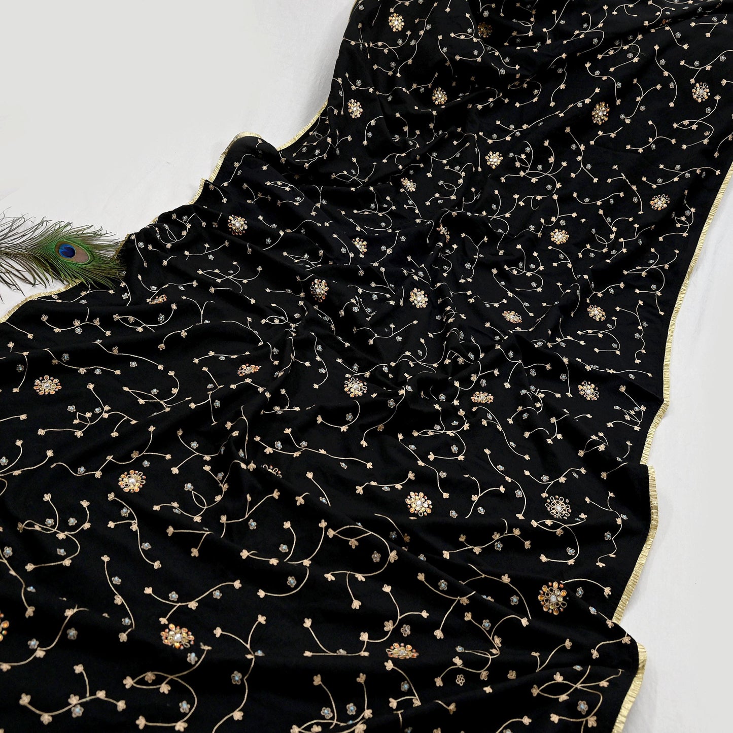 Indian Vintage Black Blend Cotton Dupatta Hand Embroidered Floral Scarf with Thread work beaded golden lace