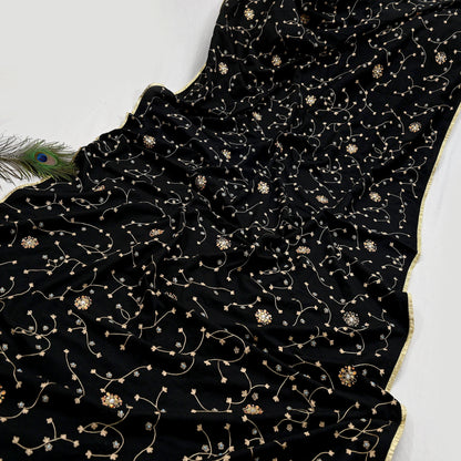 Indian Vintage Black Blend Cotton Dupatta Hand Embroidered Floral Scarf with Thread work beaded golden lace