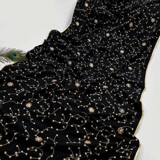 Indian Vintage Black Blend Cotton Dupatta Hand Embroidered Floral Scarf with Thread work beaded golden lace