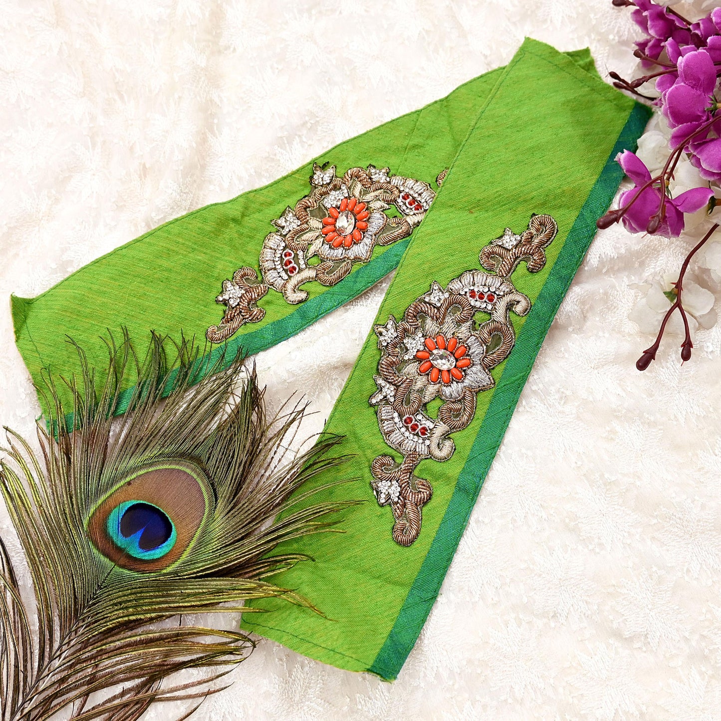 Indian Vintage Green Cotton Appliques/Patches  Set of 2 | Hand-Embroidered Floral Patches with Zardozi, Dabka, for Craft, Journals