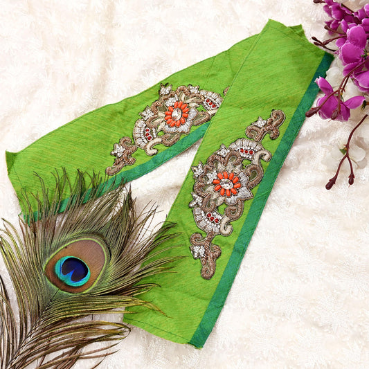 Indian Vintage Green Cotton Appliques/Patches  Set of 2 | Hand-Embroidered Floral Patches with Zardozi, Dabka, for Craft, Journals