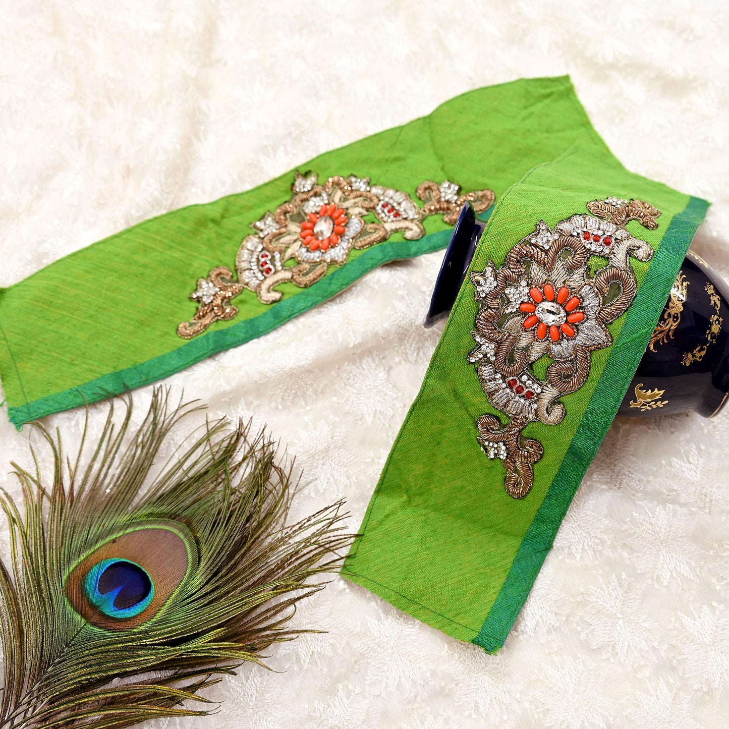 Indian Vintage Green Cotton Appliques/Patches  Set of 2 | Hand-Embroidered Floral Patches with Zardozi, Dabka, for Craft, Journals