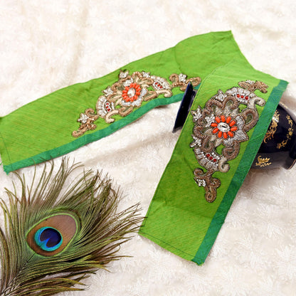Indian Vintage Green Cotton Appliques/Patches  Set of 2 | Hand-Embroidered Floral Patches with Zardozi, Dabka, for Craft, Journals