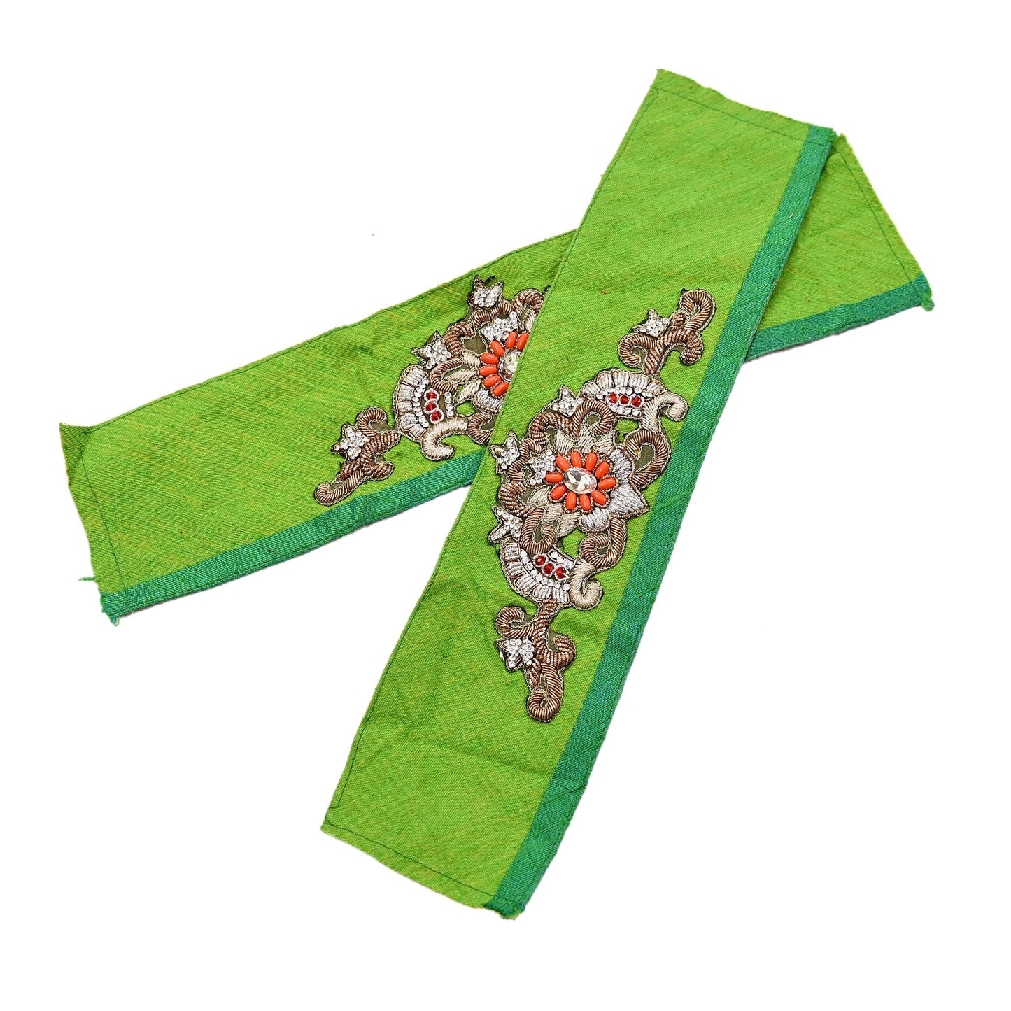 Indian Vintage Green Cotton Appliques/Patches  Set of 2 | Hand-Embroidered Floral Patches with Zardozi, Dabka, for Craft, Journals