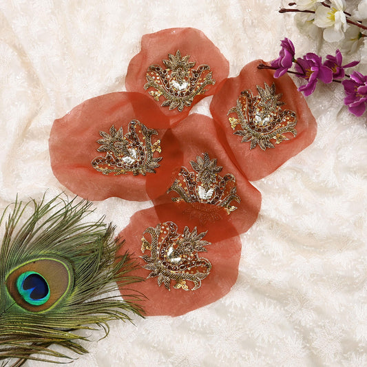 Indian Vintage Hand-Embroidered Rusty Pure Georgette Silk Appliques  Set of 5 Floral Patches with Zardozi, Dabka, Zari,for Craft, Journals