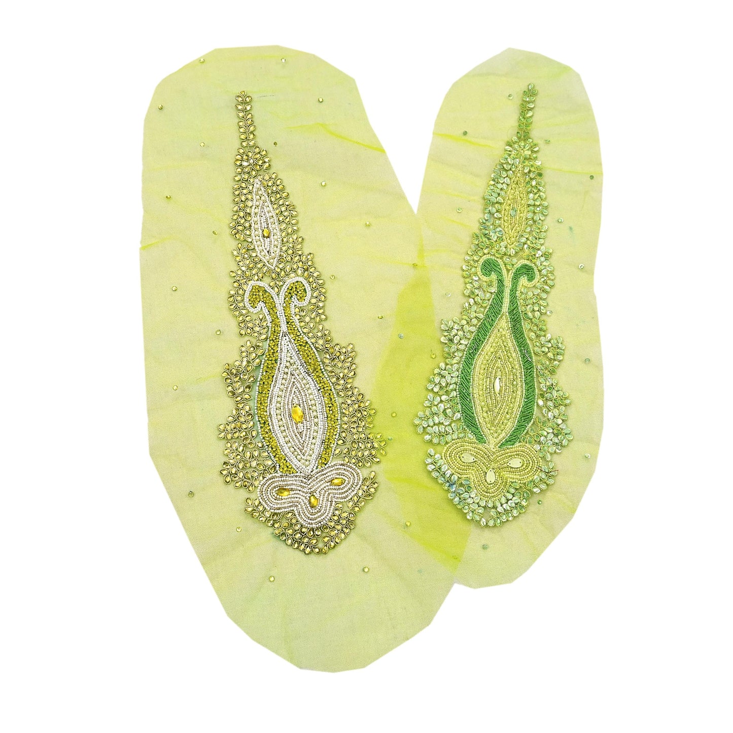 Indian Vintage Hand-Embroidered Neon Green Net Appliques  Set of 1 Patches with Zardozi,Dabka, Zari,for Craft, Journals