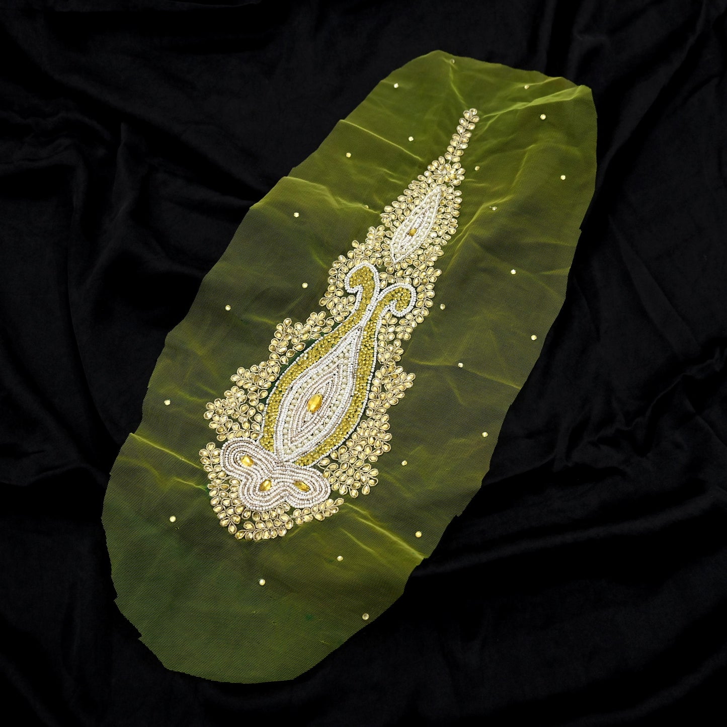 Indian Vintage Hand-Embroidered Neon Green Net Appliques  Set of 1 Patches with Zardozi,Dabka, Zari,for Craft, Journals