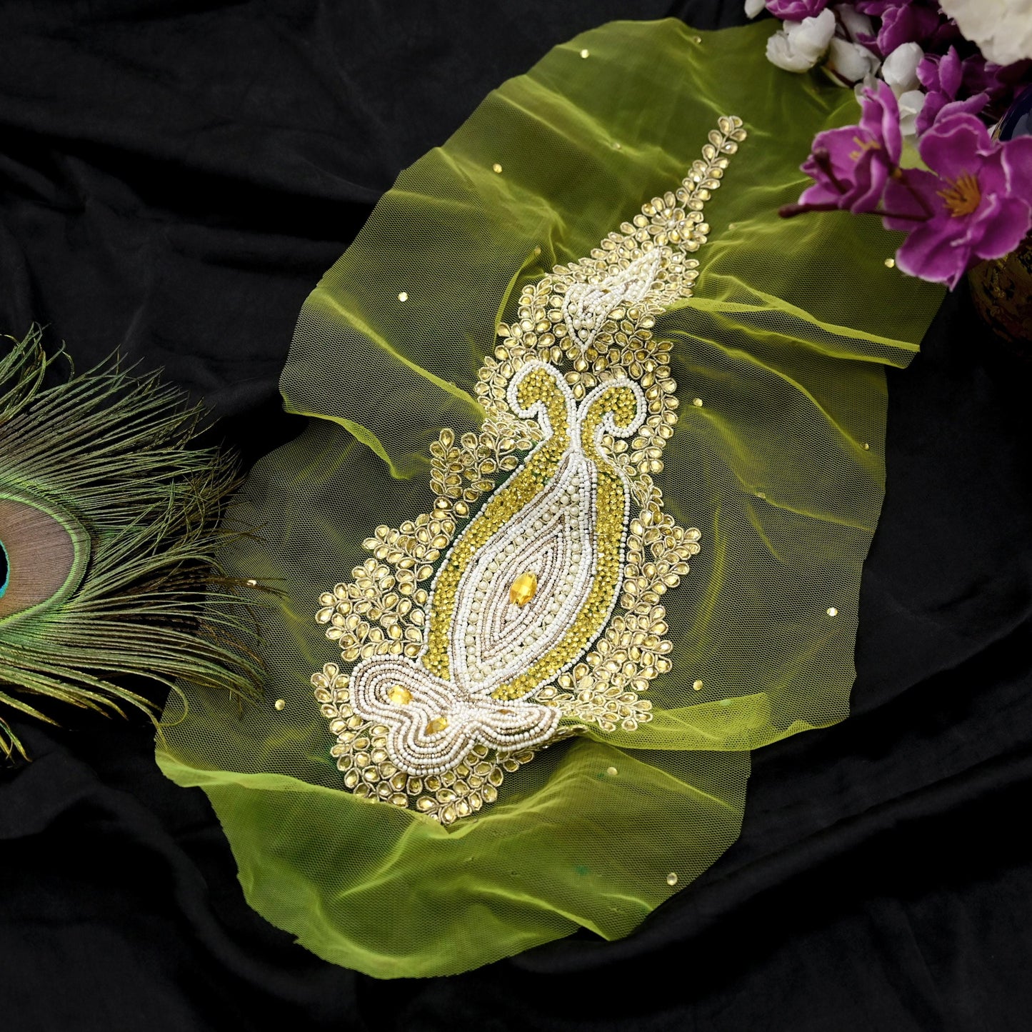 Indian Vintage Hand-Embroidered Neon Green Net Appliques  Set of 1 Patches with Zardozi,Dabka, Zari,for Craft, Journals