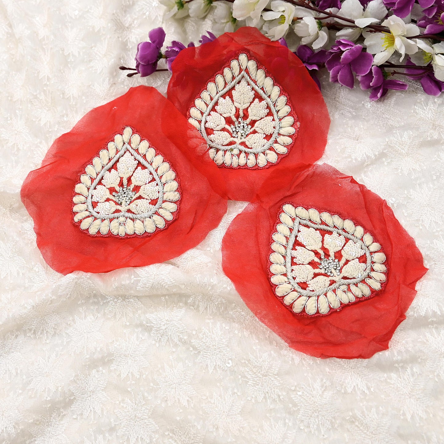 Indian Vintage Embroidered Orange Pure Georgette Silk set-3 Pcs Applique VERY OLD ANTIQUE Snippets Remnants Craft Journals