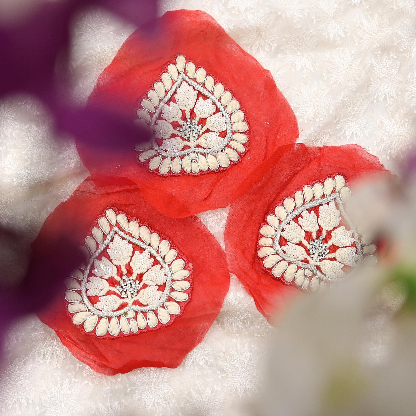 Indian Vintage Embroidered Orange Pure Georgette Silk set-3 Pcs Applique VERY OLD ANTIQUE Snippets Remnants Craft Journals
