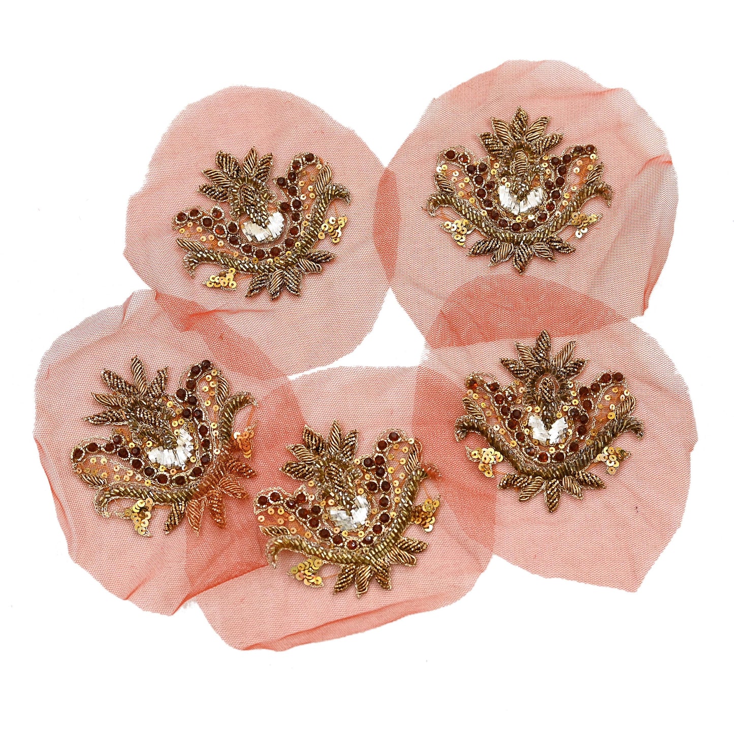 Indian Vintage Hand-Embroidered Rusty Net Appliques  Set of 5 Floral Patches with Zardozi, Dabka, Zari,for Craft, Journals