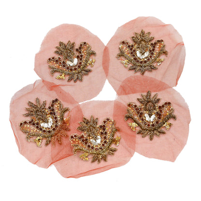 Indian Vintage Hand-Embroidered Rusty Net Appliques  Set of 5 Floral Patches with Zardozi, Dabka, Zari,for Craft, Journals