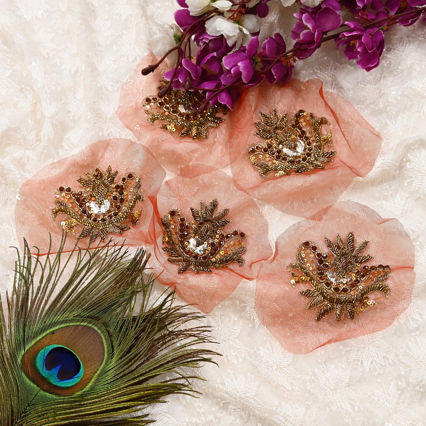 Indian Vintage Hand-Embroidered Rusty Net Appliques  Set of 5 Floral Patches with Zardozi, Dabka, Zari,for Craft, Journals