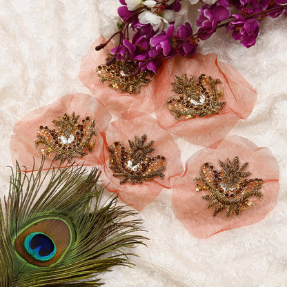 Indian Vintage Hand-Embroidered Rusty Net Appliques  Set of 5 Floral Patches with Zardozi, Dabka, Zari,for Craft, Journals