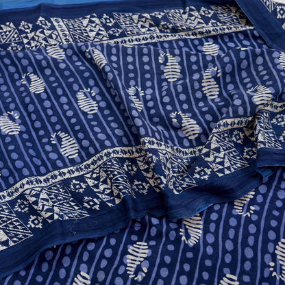 Indian Vintage Sari White & Blue Printed 100% Pure Cotton Sarees Craft Fabric 5Yd Sewing Sarong Wrap Boho Floral Quilting Crafting