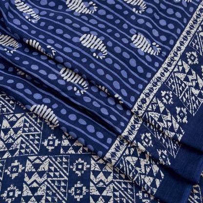 Indian Vintage Sari White & Blue Printed 100% Pure Cotton Sarees Craft Fabric 5Yd Sewing Sarong Wrap Boho Floral Quilting Crafting