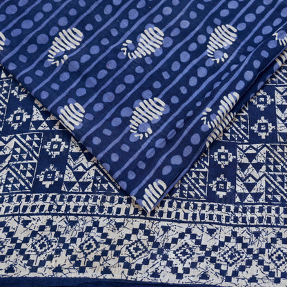 Indian Vintage Sari White & Blue Printed 100% Pure Cotton Sarees Craft Fabric 5Yd Sewing Sarong Wrap Boho Floral Quilting Crafting