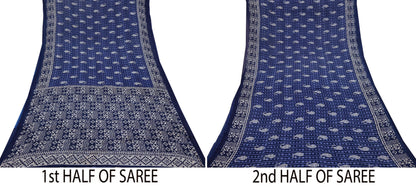 Indian Vintage Sari White & Blue Printed 100% Pure Cotton Sarees Craft Fabric 5Yd Sewing Sarong Wrap Boho Floral Quilting Crafting