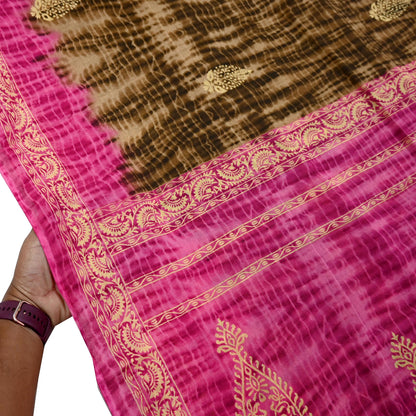 Indian Vintage Sari Pink & Brown Printed 100% Pure Cotton Saree Craft Fabric 5Yd Soft Sewing Sarong Wrap Boho Dress Making Quilting