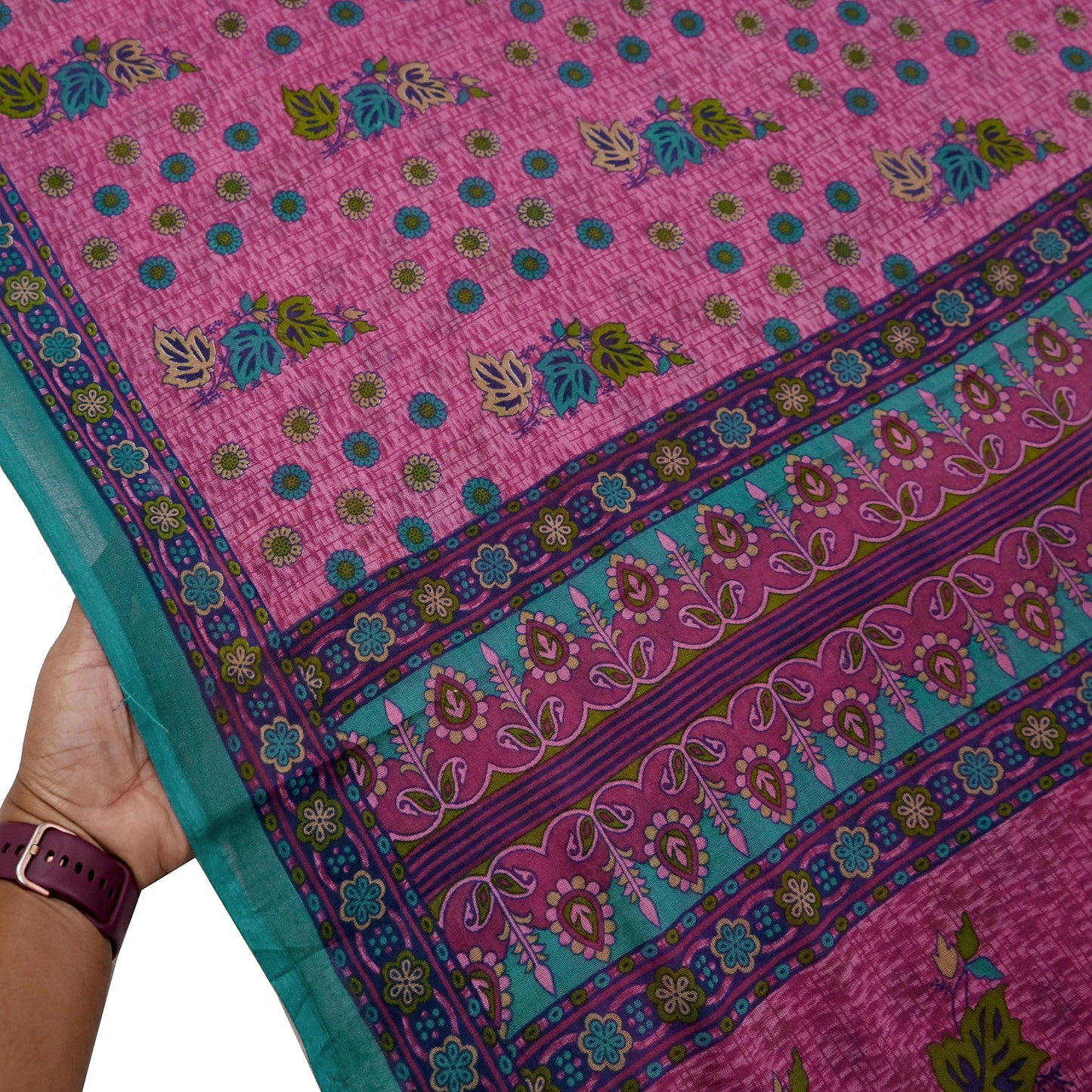 Indian Vintage Sari Pink & Green Printed 100% Pure Cotton Sarees Craft Fabric 5Yd Soft Sewing Sarong Wrap Floral Boho Quilting Crafting Used
