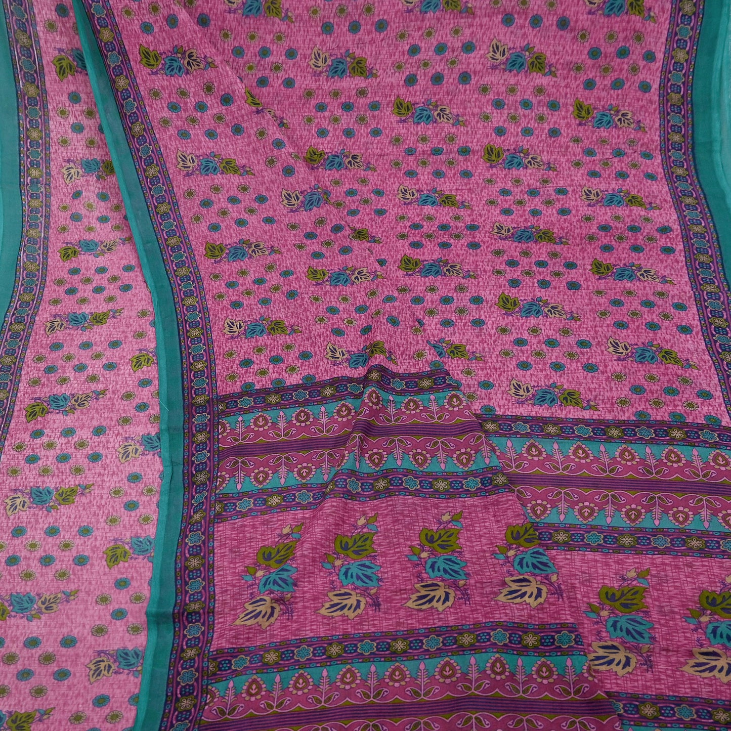 Indian Vintage Sari Pink & Green Printed 100% Pure Cotton Sarees Craft Fabric 5Yd Soft Sewing Sarong Wrap Floral Boho Quilting Crafting Used