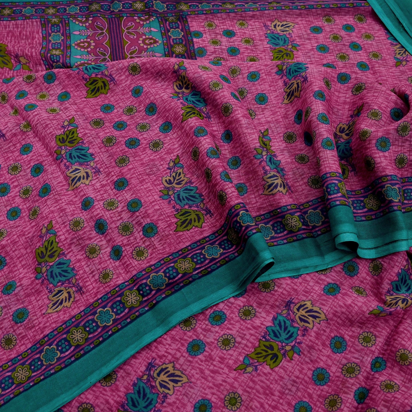 Indian Vintage Sari Pink & Green Printed 100% Pure Cotton Sarees Craft Fabric 5Yd Soft Sewing Sarong Wrap Floral Boho Quilting Crafting Used