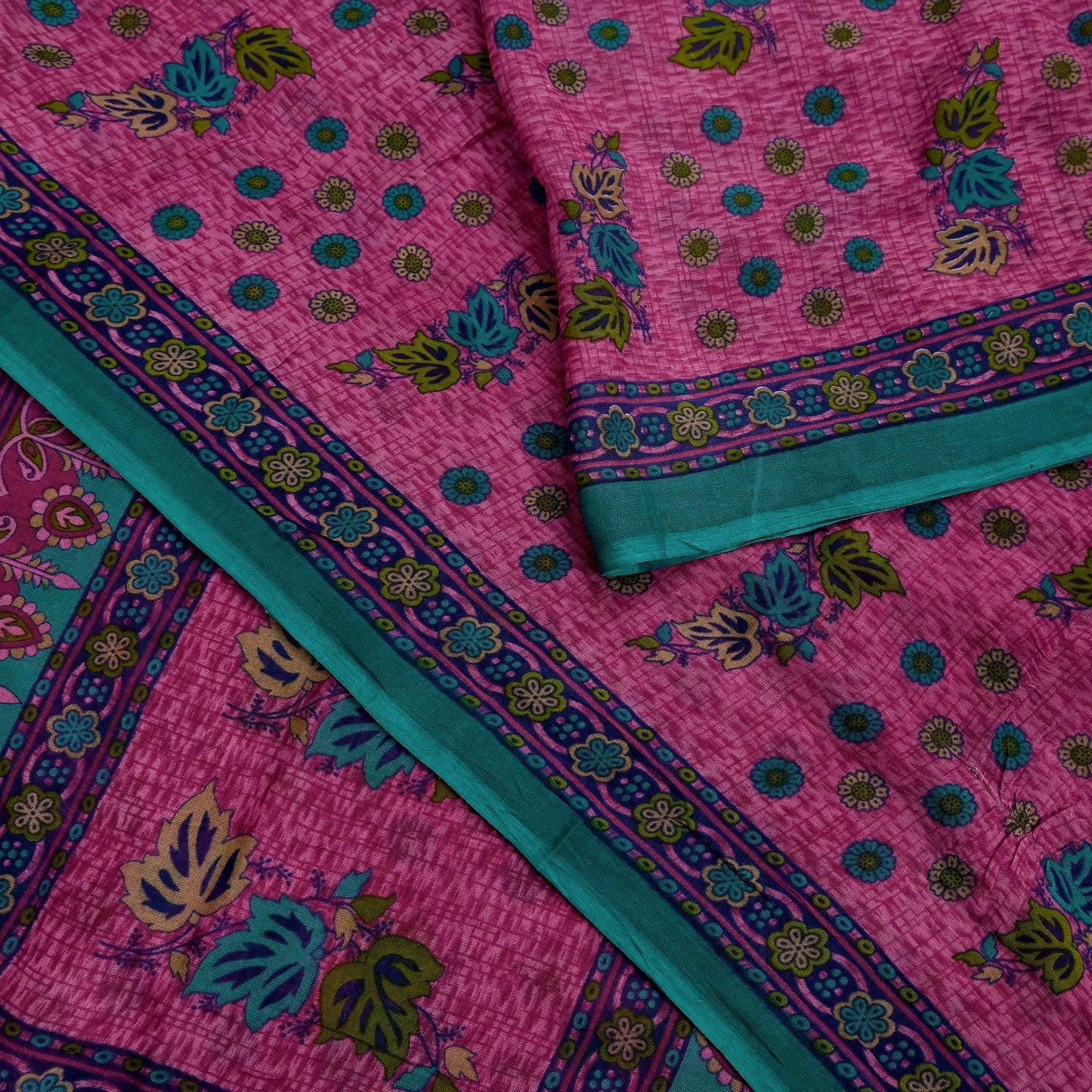 Indian Vintage Sari Pink & Green Printed 100% Pure Cotton Sarees Craft Fabric 5Yd Soft Sewing Sarong Wrap Floral Boho Quilting Crafting Used