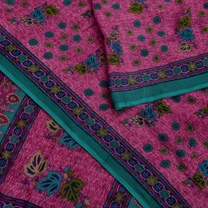 Indian Vintage Sari Pink & Green Printed 100% Pure Cotton Sarees Craft Fabric 5Yd Soft Sewing Sarong Wrap Floral Boho Quilting Crafting Used