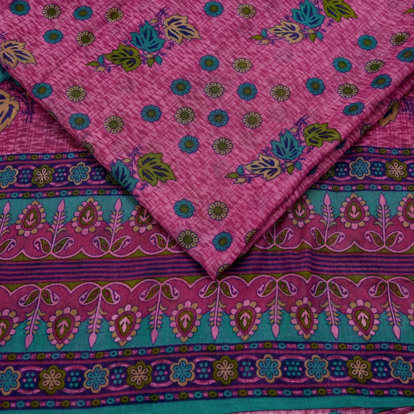 Indian Vintage Sari Pink & Green Printed 100% Pure Cotton Sarees Craft Fabric 5Yd Soft Sewing Sarong Wrap Floral Boho Quilting Crafting Used