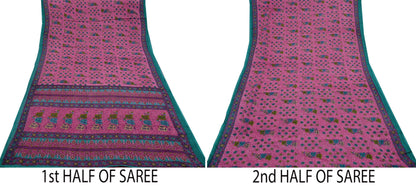 Indian Vintage Sari Pink & Green Printed 100% Pure Cotton Sarees Craft Fabric 5Yd Soft Sewing Sarong Wrap Floral Boho Quilting Crafting Used