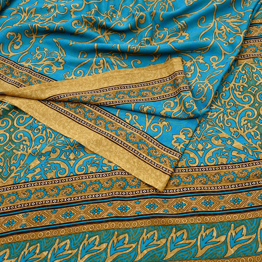 Indian Vintage Sari Beige & Blue Moss Crepe Printed Saree Floral 5 Yards Soft Craft Fabric for Dressmaking, Décor, Quilting, Upcycling