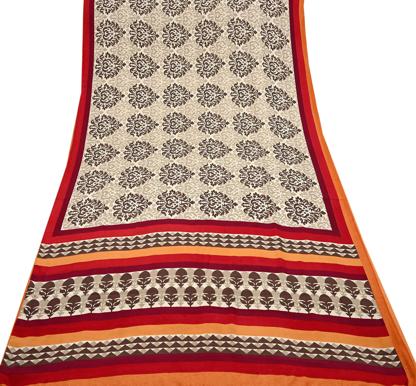 Indian Vintage Saree Brown & Beige Moss Crepe Printed Sari 6 Yards Floral Soft Fabric for Sewing, Dressmaking, Crafting, Quilting