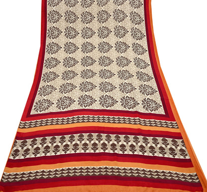 Indian Vintage Saree Brown & Beige Moss Crepe Printed Sari 6 Yards Floral Soft Fabric for Sewing, Dressmaking, Crafting, Quilting