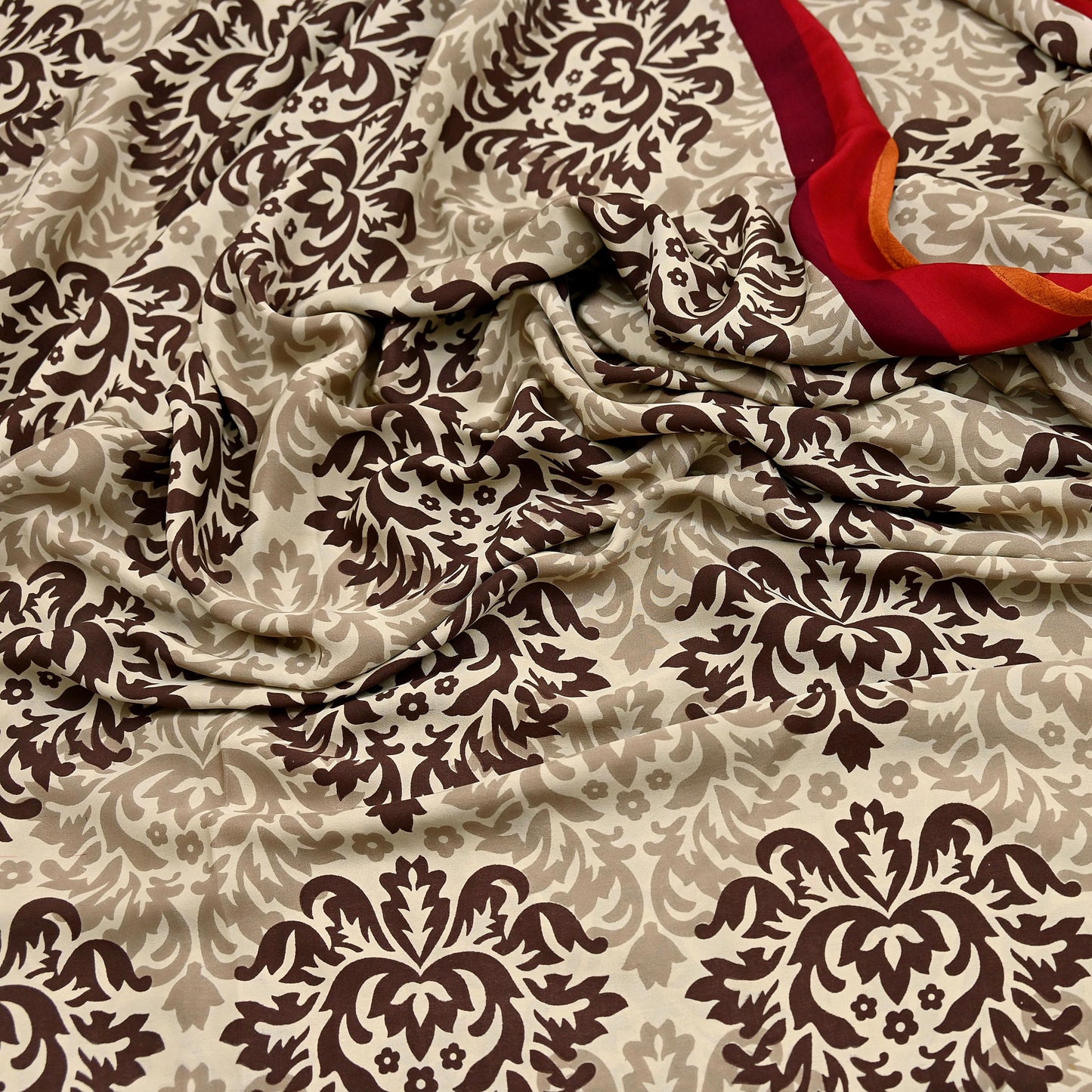 Indian Vintage Saree Brown & Beige Moss Crepe Printed Sari 6 Yards Floral Soft Fabric for Sewing, Dressmaking, Crafting, Quilting