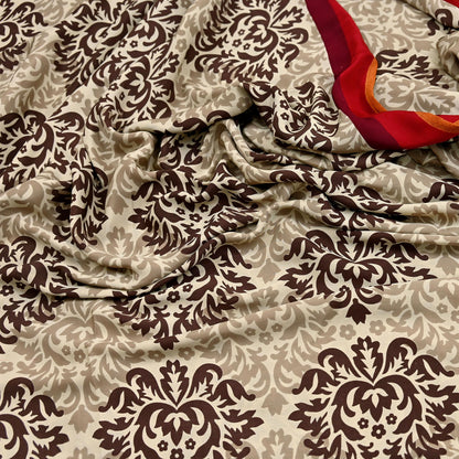 Indian Vintage Saree Brown & Beige Moss Crepe Printed Sari 6 Yards Floral Soft Fabric for Sewing, Dressmaking, Crafting, Quilting