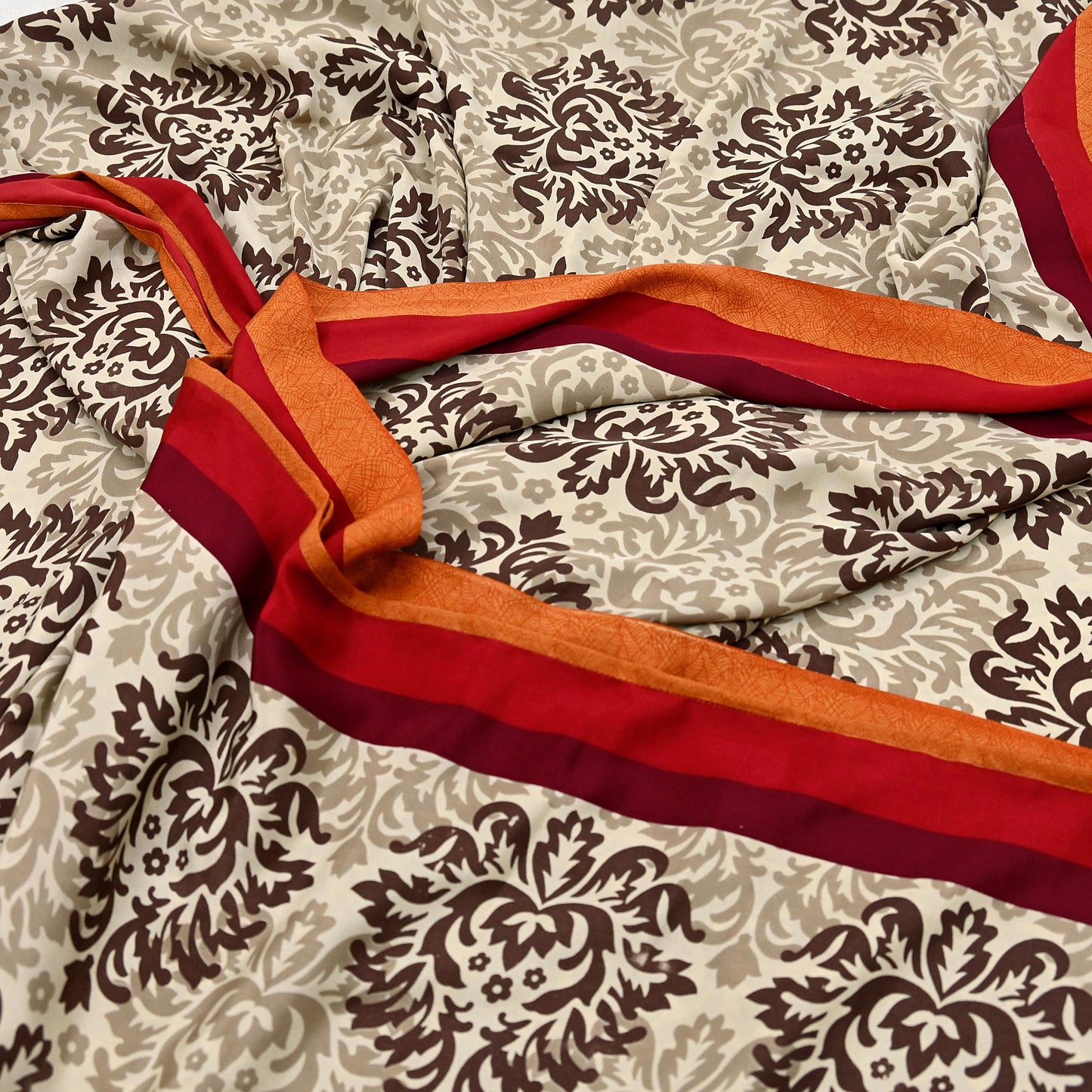 Indian Vintage Saree Brown & Beige Moss Crepe Printed Sari 6 Yards Floral Soft Fabric for Sewing, Dressmaking, Crafting, Quilting