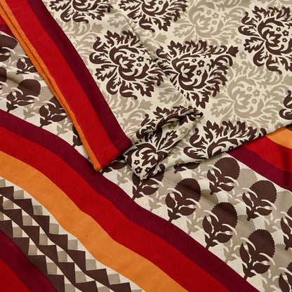 Indian Vintage Saree Brown & Beige Moss Crepe Printed Sari 6 Yards Floral Soft Fabric for Sewing, Dressmaking, Crafting, Quilting