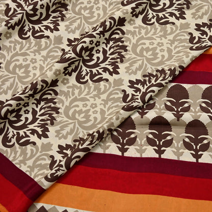 Indian Vintage Saree Brown & Beige Moss Crepe Printed Sari 6 Yards Floral Soft Fabric for Sewing, Dressmaking, Crafting, Quilting