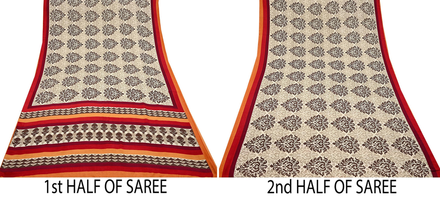 Indian Vintage Saree Brown & Beige Moss Crepe Printed Sari 6 Yards Floral Soft Fabric for Sewing, Dressmaking, Crafting, Quilting