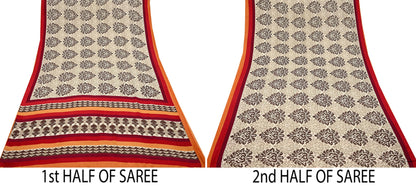 Indian Vintage Saree Brown & Beige Moss Crepe Printed Sari 6 Yards Floral Soft Fabric for Sewing, Dressmaking, Crafting, Quilting