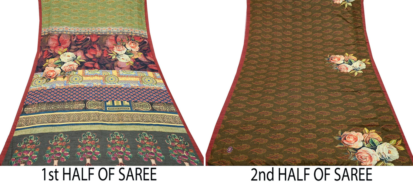Indian Vintage Saree Green Artificial silk Digital Printed Sari Fabric 6yd Sewing Soft Craft Fabric Dressmaking Dress Designing Quilting
