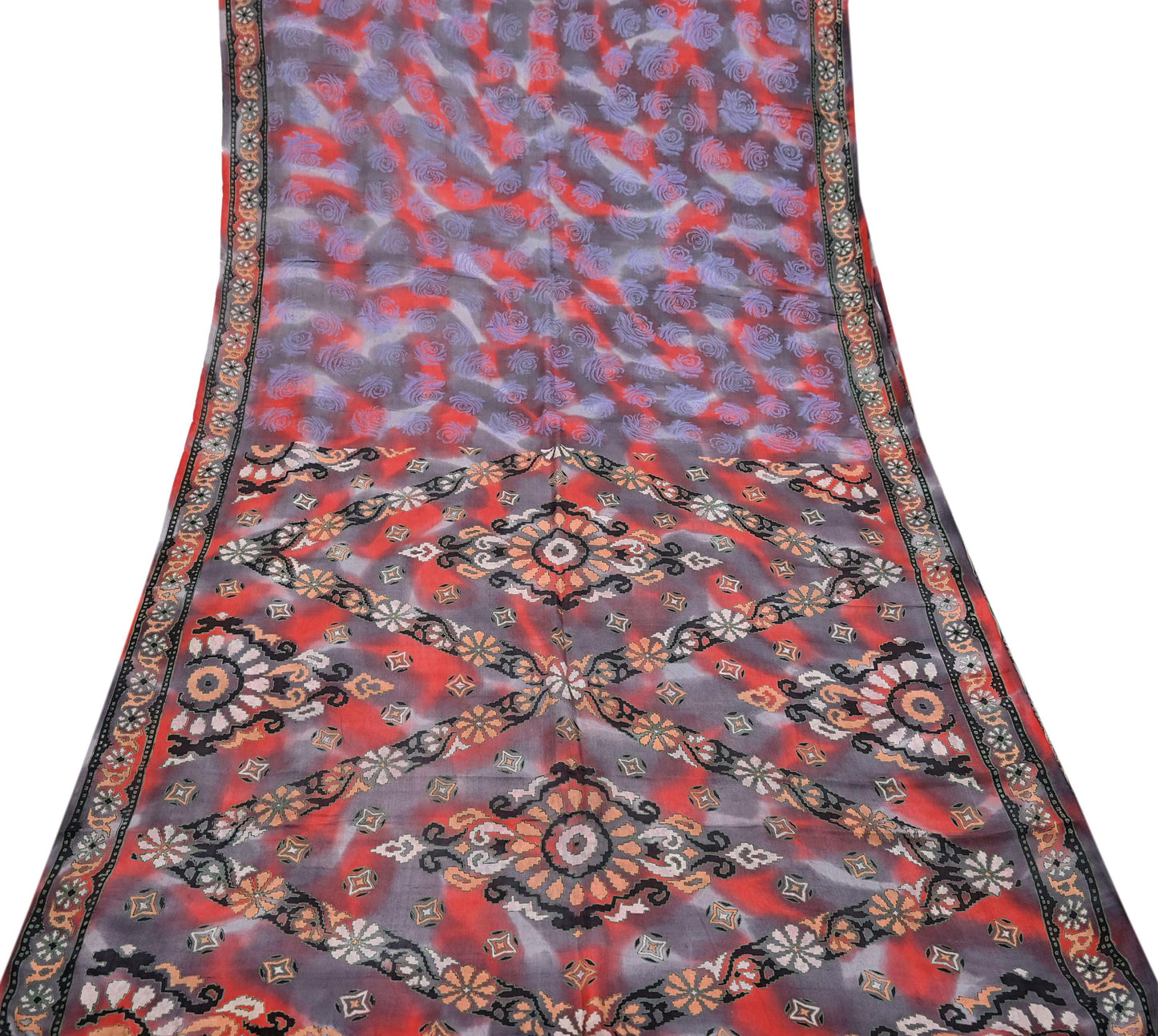 Indian Vintage Saree Gray & Red 100% Pure Silk Printed Saree Sari Fabric 5yard Sewing Craft DressMaking  Soft Abstract