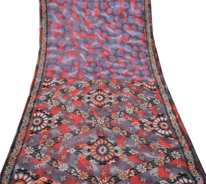 Indian Vintage Saree Gray & Red 100% Pure Silk Printed Saree Sari Fabric 5yard Sewing Craft DressMaking  Soft Abstract
