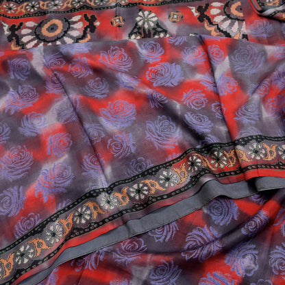 Indian Vintage Saree Gray & Red 100% Pure Silk Printed Saree Sari Fabric 5yard Sewing Craft DressMaking  Soft Abstract