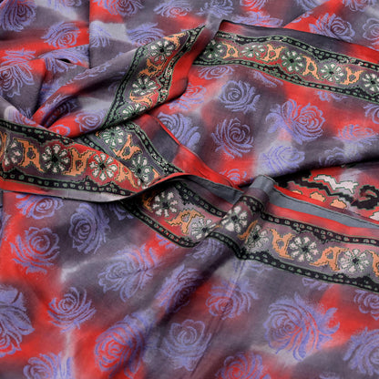 Indian Vintage Saree Gray & Red 100% Pure Silk Printed Saree Sari Fabric 5yard Sewing Craft DressMaking  Soft Abstract