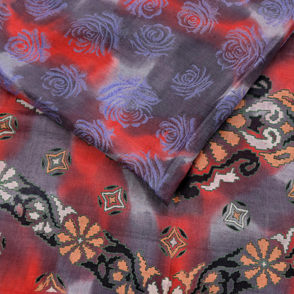 Indian Vintage Saree Gray & Red 100% Pure Silk Printed Saree Sari Fabric 5yard Sewing Craft DressMaking  Soft Abstract