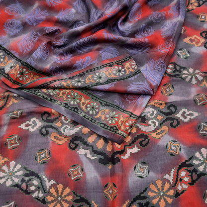 Indian Vintage Saree Gray & Red 100% Pure Silk Printed Saree Sari Fabric 5yard Sewing Craft DressMaking  Soft Abstract