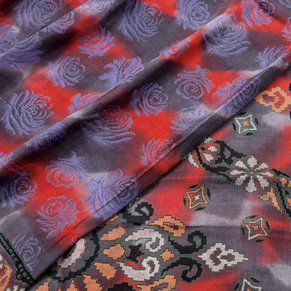 Indian Vintage Saree Gray & Red 100% Pure Silk Printed Saree Sari Fabric 5yard Sewing Craft DressMaking  Soft Abstract