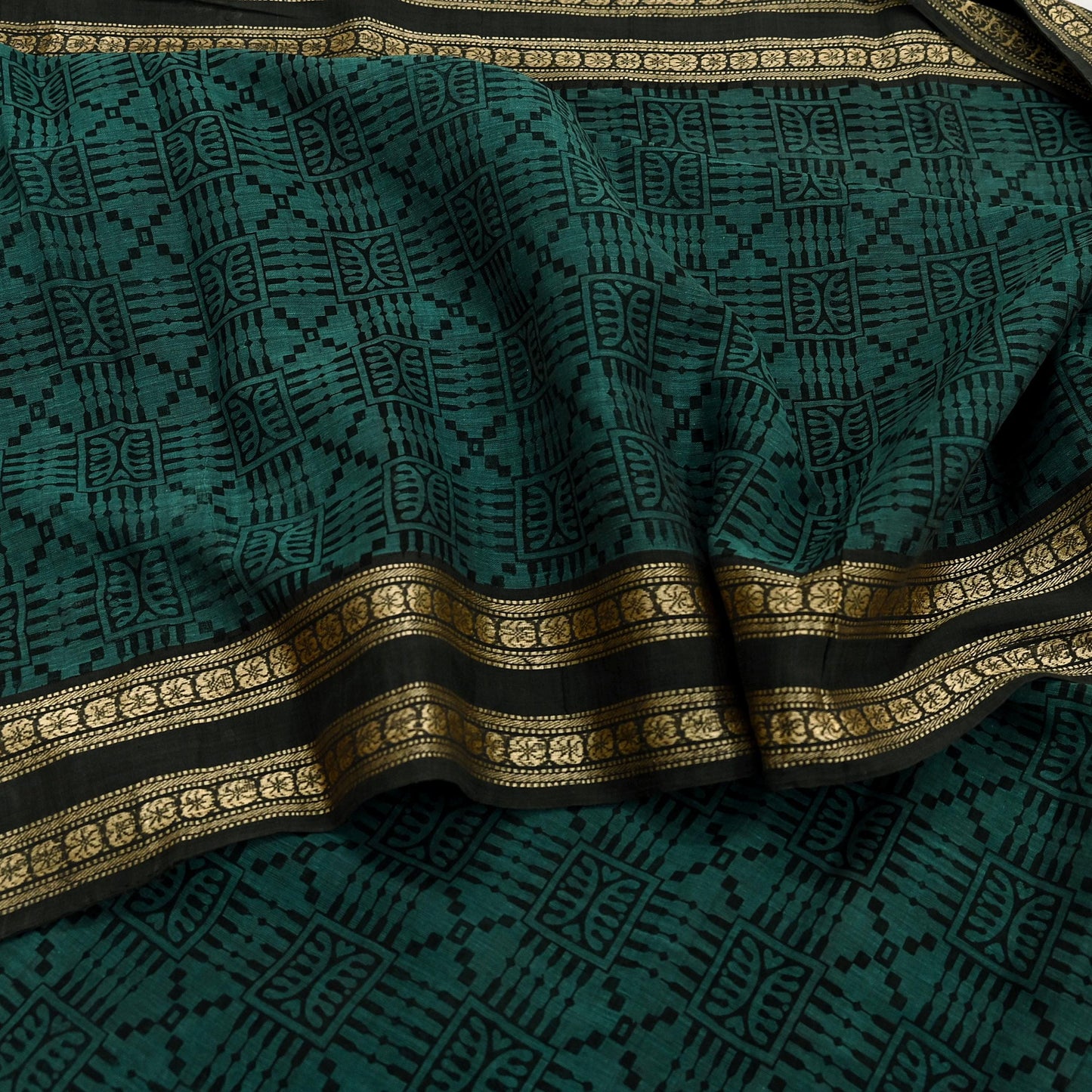 Indian Vintage Saree Black & Green Printed Pure Cotton Sari Fabric Soft Floral 5Yd Sarong Wrap Boho Fabric Kimono